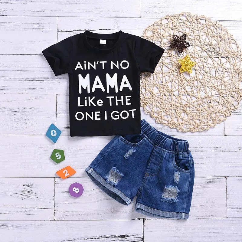 

Baby Boy Summer Clothes Letters Print O-Neck Short Sleeved T-shirt Tops + Denim Shorts 2PCS Outfits Kids BB Jogging Suits