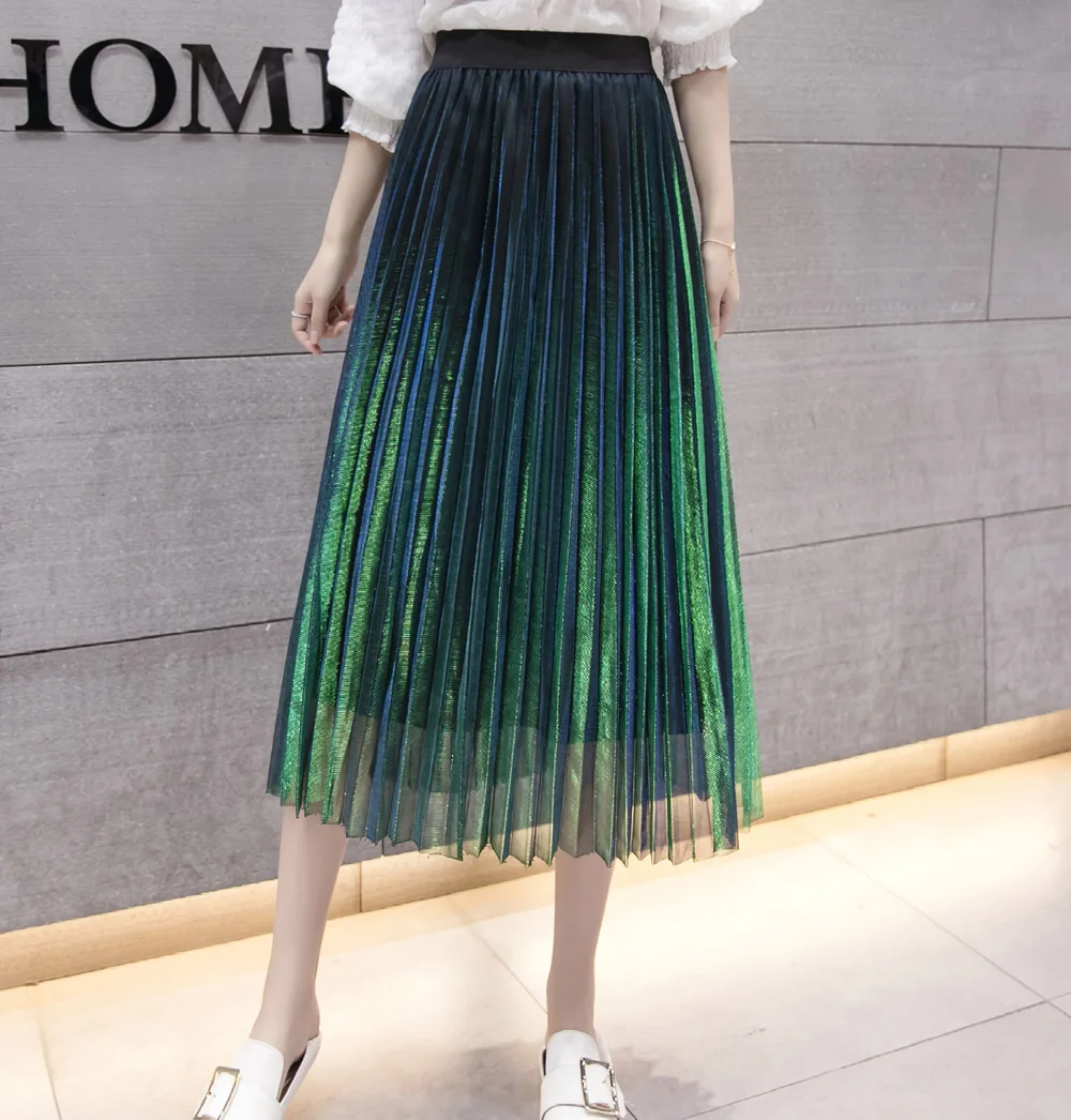 Плиссированные юбки женские летние Jupe Femme эластичные с высокой талией винтажные градиентные вечерние юбки Falda Mujer однотонная повседневная юбка средней длины - Цвет: Зеленый
