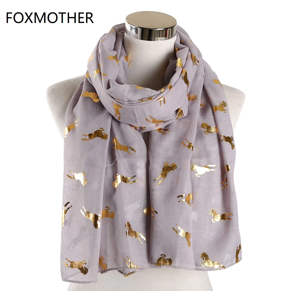 

FOXMOTHER New Horse Scarf Women Foil Gold Glitter Shimmer Scarves Foulard Femme