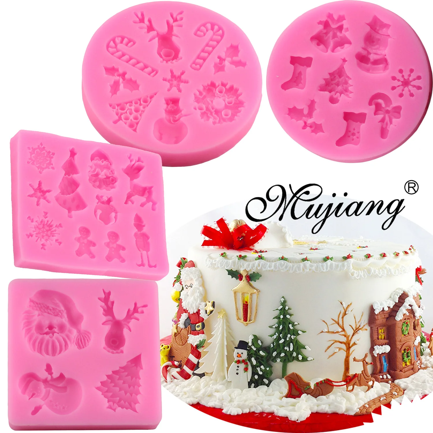 

Mujiang 4 Pcs Christmas Series Baking Silicone Molds Sugarcraft Fondant Cake Decorating Tools Chocolate Candy Fimo Clay Moulds