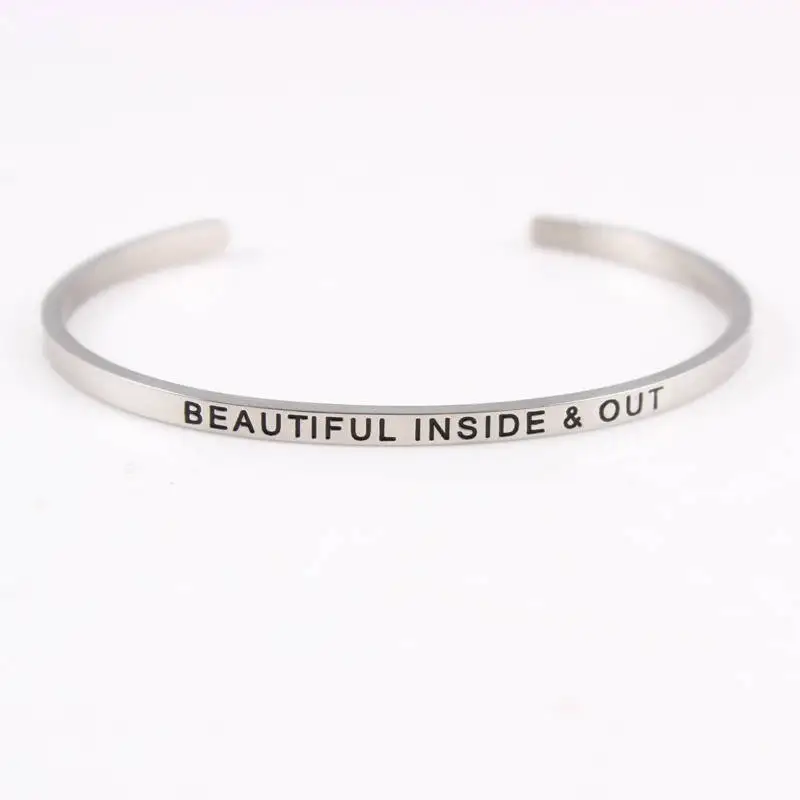 

Mantra Bracelet Engraved Beautiful inside and out Quote Inspirational Bangle Stainless Steel Love Bracelets & Bangles For Women
