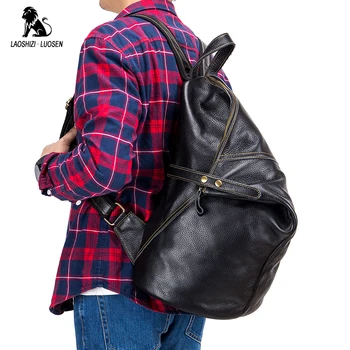

LAOSHIZI LUOSEN 15"Men Backpack Waterproof Backpack Fashion Genuine Leather Travel Bag Casual School Bag Leather Bookbag Daypack