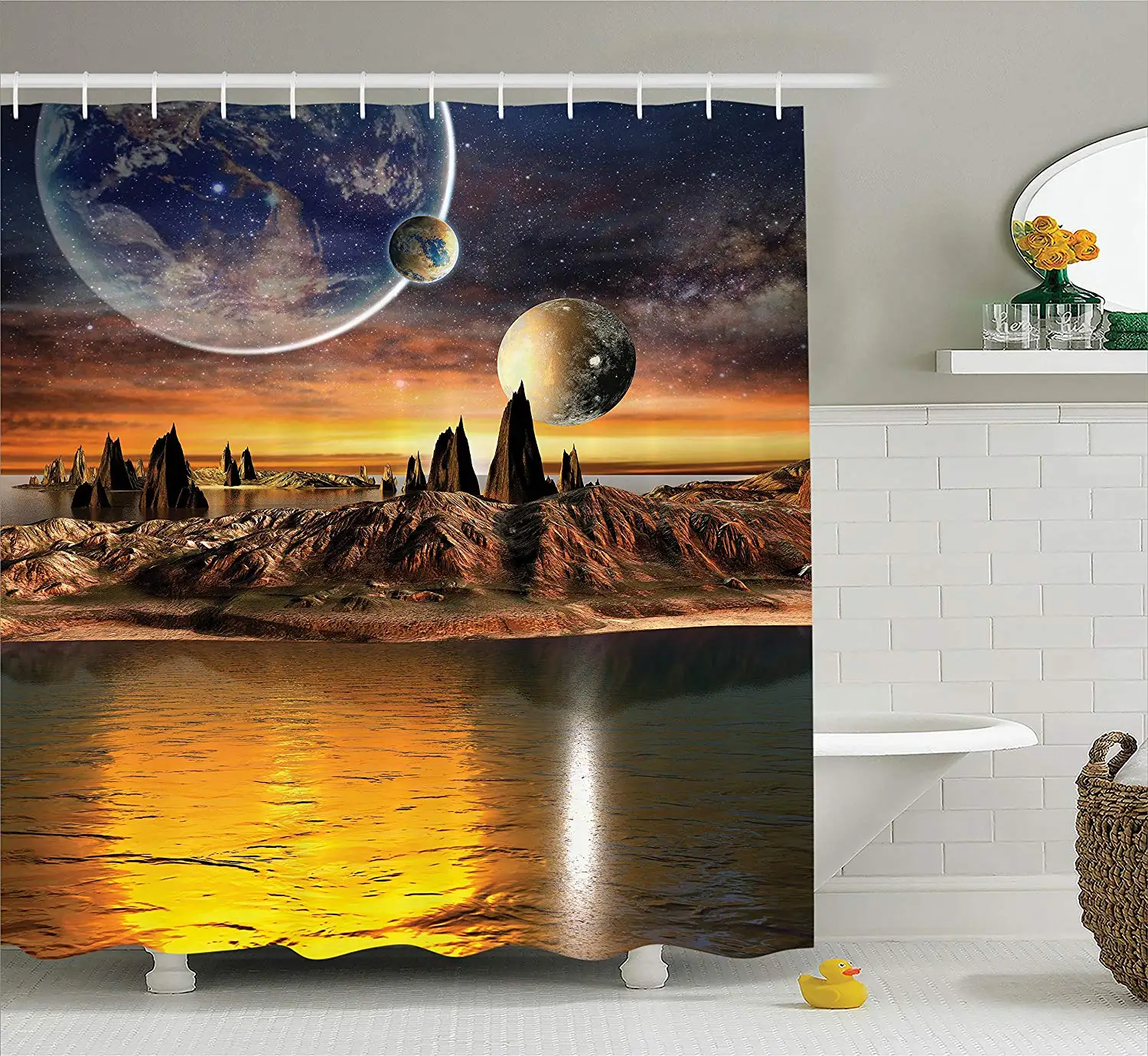 Galaxy Shower Curtain Fantasy Alien with Earth and Moon View