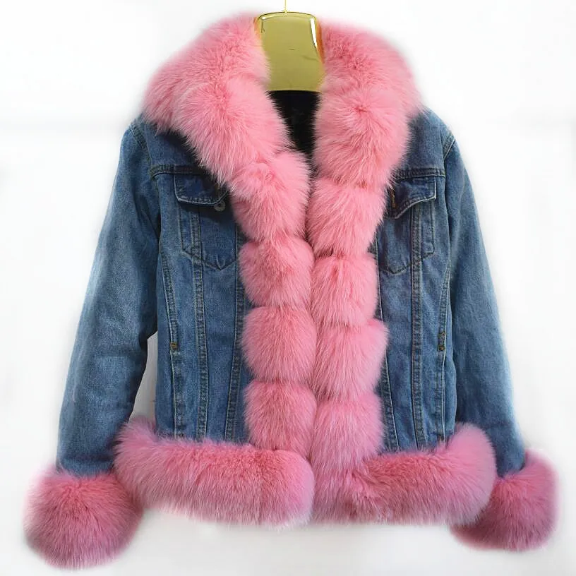 Новинка, Женское пальто из натурального Лисьего меха, модная джинсовая куртка с карманами и воротником из натурального меха, уличная женская куртка из натурального Лисьего меха - Цвет: Pink
