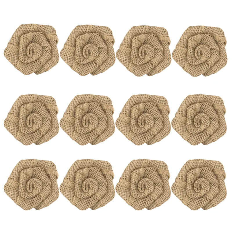 Pack Of 12 5 5cm Vintage Rustic Rose Flower Burlap Hessian Jute