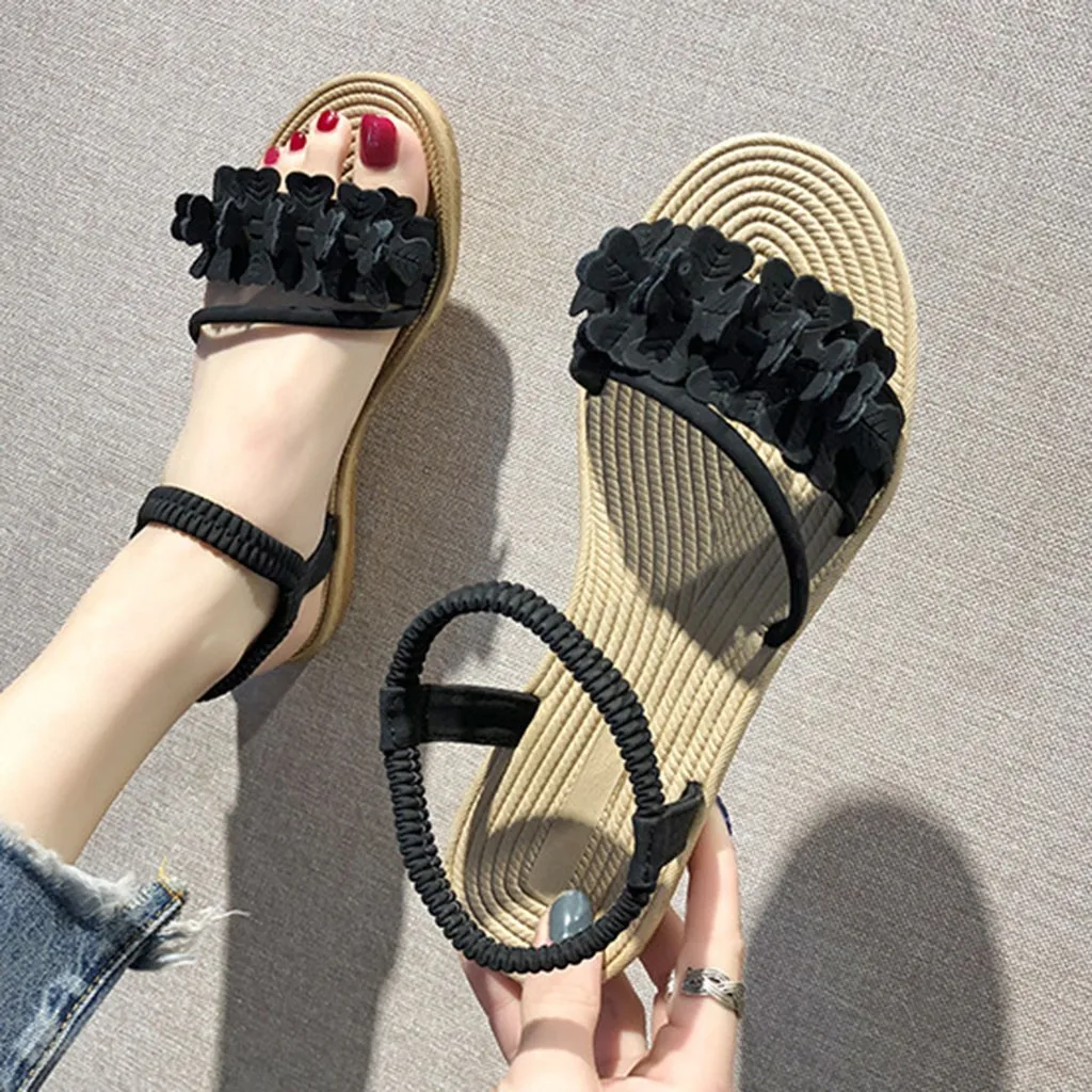 

MUQGEW Casual Sandals Women Elastic Band Flower Girl Open Toe Sweet Sandals Female Summer Ankle Flat Beach Summer Shoes Footwear
