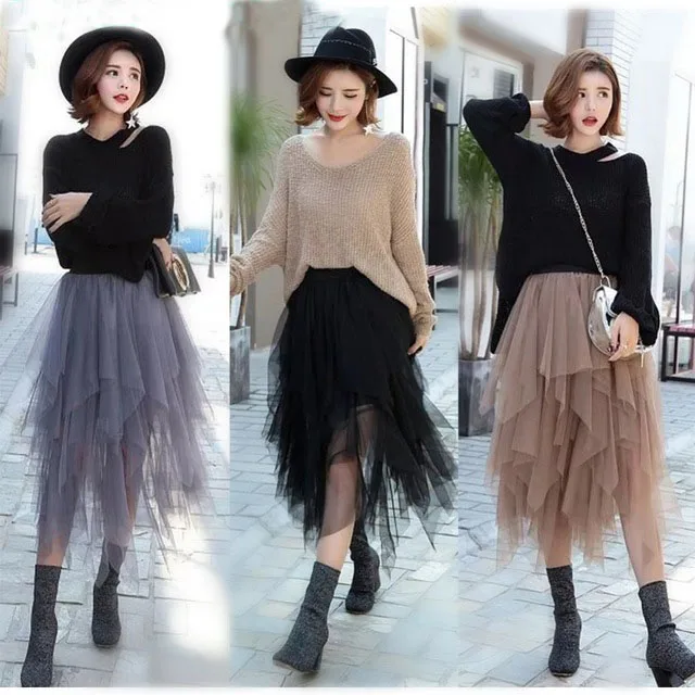 TingYiLi Autumn Fashion Asymmetrical Tulle Skirt Black Gray Khaki High