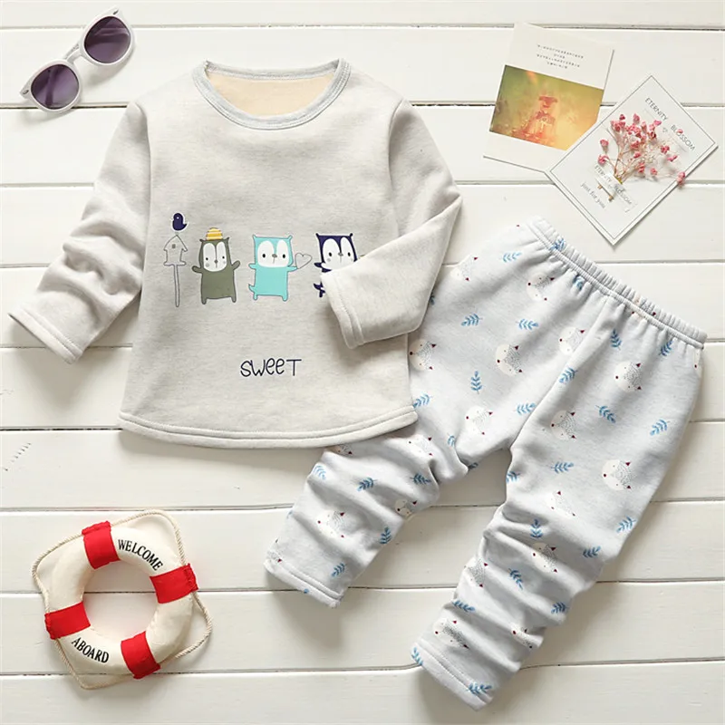 Детские комплекты одежды для маленьких мальчиков, одежда для сна осенне-зимние хлопковые теплые бархатные пальто+ штаны для новорожденных, спортивный костюм из 2 предметов для маленьких девочек
