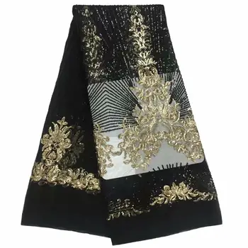 

High quality Black Gold African wedding lace fabric Hot selling French net lace fabric New 3d sequins embroidered lace fabric