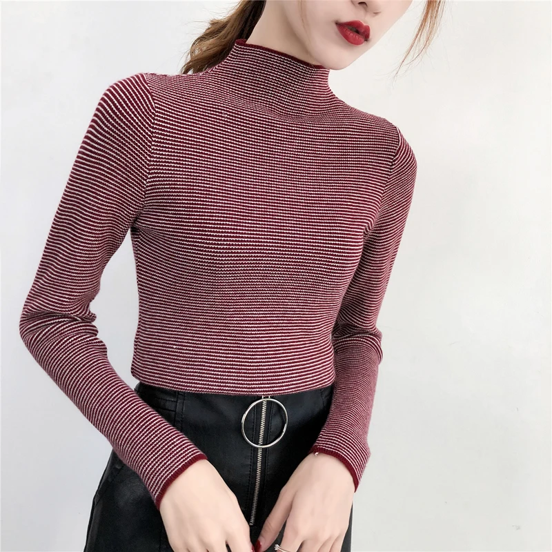 2018 New Fashion Women Knitted Tops Female Casual Striped Pullovers Long Sleeve Turtleneck Sweaters Female Knitting Tops Sweater