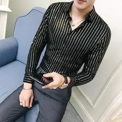 Роскошные золотые черный, белый цвет рубашка Для мужчин Stripe Slim Fit Camisa Hombre 2018 осень Клубные вечерние свадебное платье рубашка Camiseta Masculina