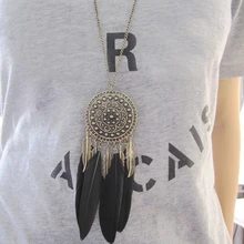 Bohemian Dream Catcher Necklace Hollow Flower Round Women Boho Metal Leaf Feather Tassel Necklace Pendant stylish handpainted flower and leaf pattern tassel pendant purplish blue scarf for women