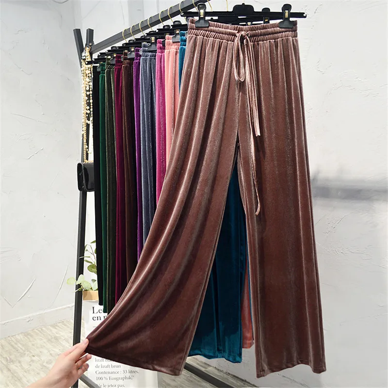 

New Fashion Drawstring High Waist Women Trousers Autumn Winter Gold Velvet Wide Leg Pants Elastic Female Loose Long Pant SF1264