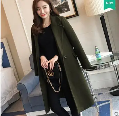 ArmyGreen YAGENZ Зимняя шерстяная куртка женская одежда Модное Элегантное тонкое длинное пальто двубортное Однотонное шерстяное пальто - Цвет: ArmyGreen