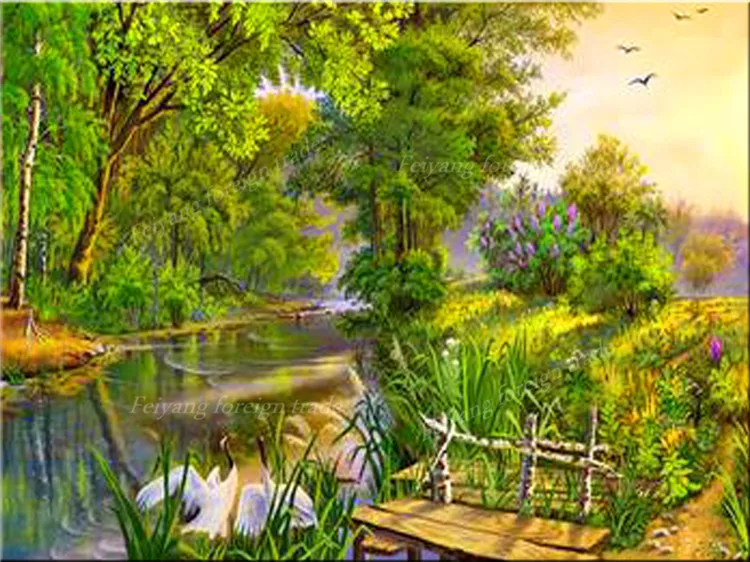 DIY diamond painting cross stitch clear water Willow bank scenery Handmade square drill full Diamonds Embroidery landscape | Дом и сад