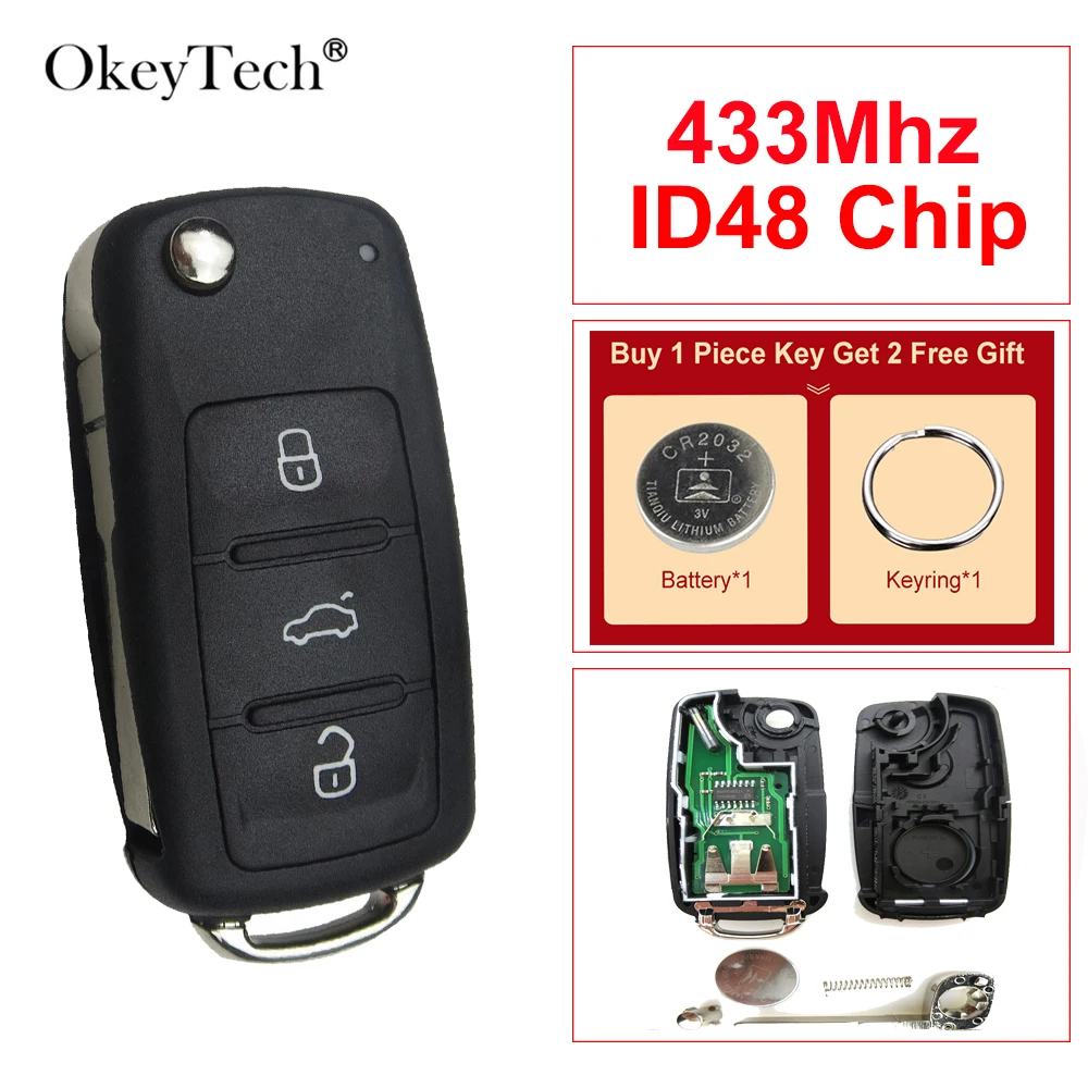 

OkeyTech Remote Car Key 3 Button ID48 Chip 434Mhz For V W Caddy Eos Golf J etta 5K0837202AD Tiguan Touran Flip Folding Key Fob