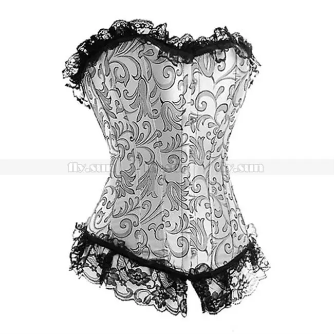 

Silver Strapless Ruffled Brocade Overbust Corset Lace up Bustier S M L XL 2XL