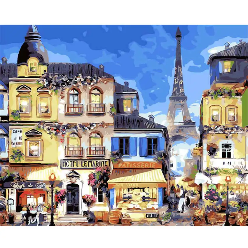 

Modern Style Diy Oil Painting By Numbers Wall Art,Painting By Numbers Paris Street For Living Room Decor