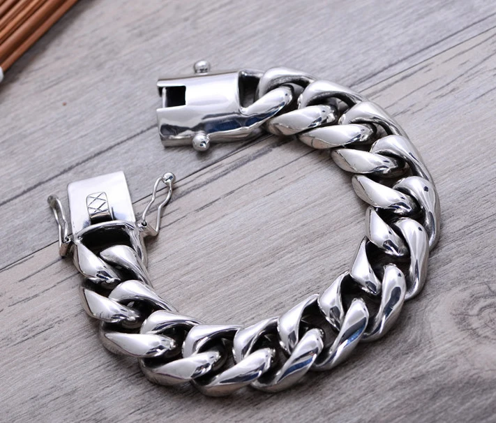 210g 2cm Solid 925 Sterling Silver Men's link Biker Heavy Wide bracelet  bangle A1565