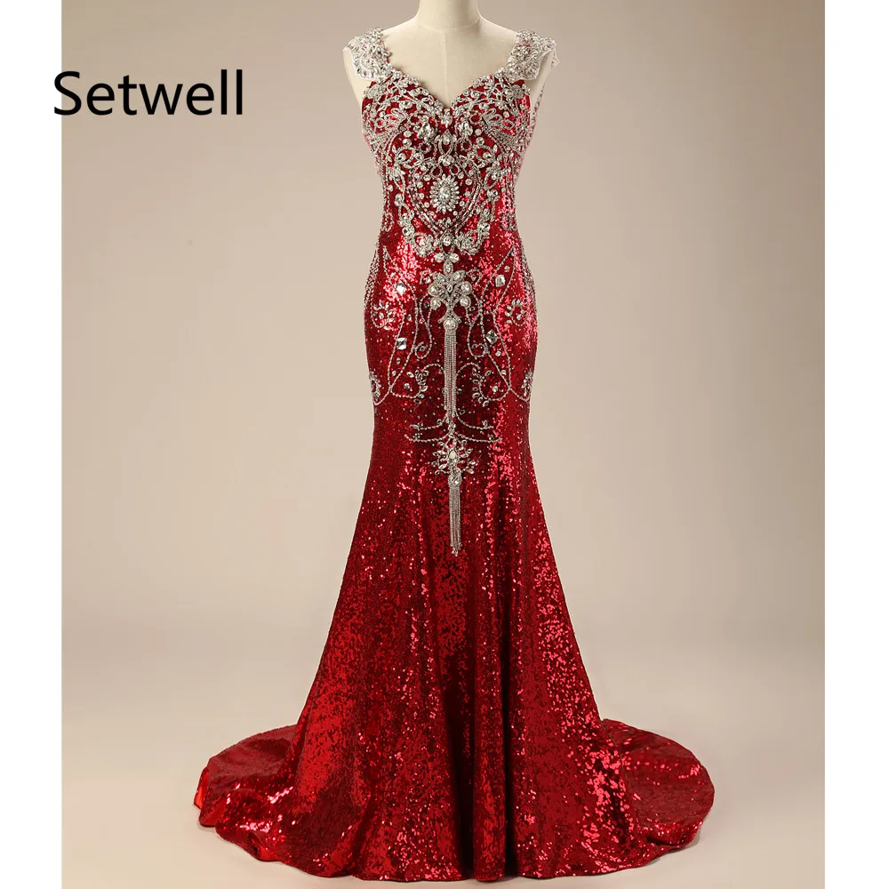 

Setwell 2017 New Hot Crystal Beads Evening Dresses Sexy V-Neck Mermaid Evening Gown Luxury High Quality Sequin Evening Dress