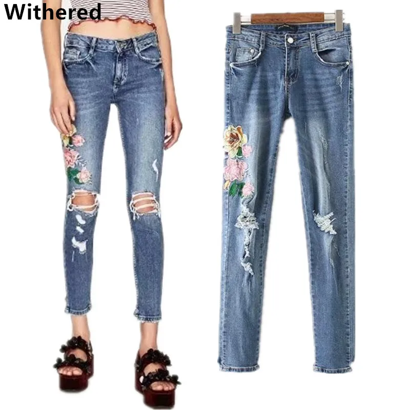 

Withered 2017 pencil jeans women floral embroidery bleached washed high elastic stretch skinny ripped jeans for women plus size