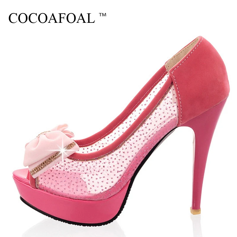 

COCOAFOAL Women Crystal High Heels Sandals Fashion Black Red Beige Shoes Plus Size 32 - 43 Butterfly Knot Hollow Sandals 2018