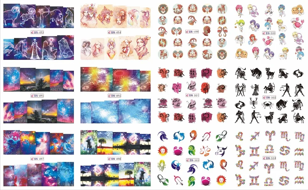 

12 PACK/ LOT WATER DECAL NAIL ART NAIL STICKER FULL COVER CARTOON CONSTELLATION 12 ZODIAC BN493-504