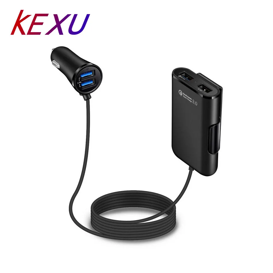 

KEXU 4 Ports QC3.0+2.4A+3.1AUSB Car Charger Universal USB Fast Adapter with 5.6ft Extension Cord Cable for MPV Car Phone Charger