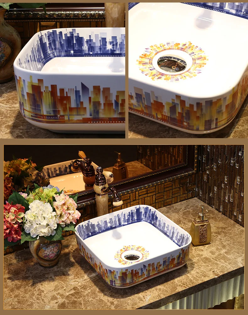 Square Shape Bathroom Cloakroom Chinese Handmade Europe Vintage Ceramic Lavabo Bathroom Sink wash basin bowl (1)