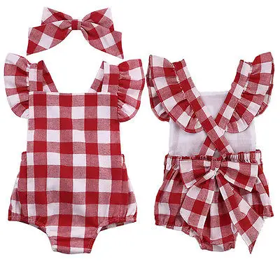 

Fashion Summer Plaid Red Checkerboard Newborn Romper Baby Girl Body Suit Sleeveless Ruffle Jumpsuit 0-18M