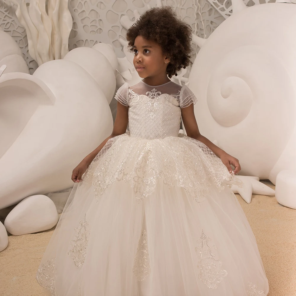 

New Arrivals Flower Girls Beading Lace Appliques O-neck Tulle Ball Gowns Little Girls Wedding Gowns Girls Princess Dresses