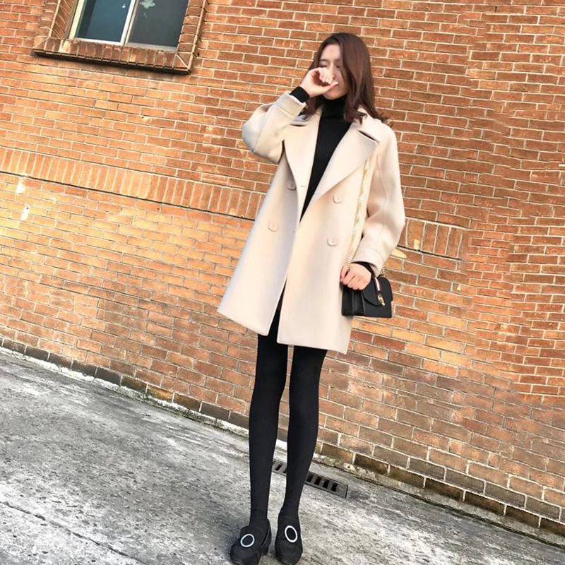 2019 Korean version Solid color Double-breasted wool coat female qiu dong new long Leisure loose woolen cloth cc30 | Женская одежда