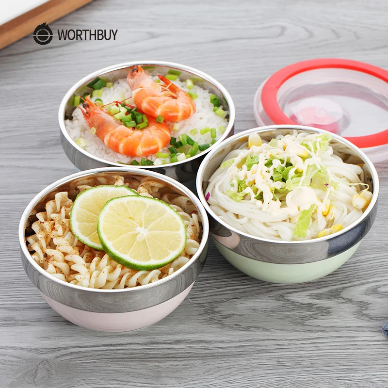 WORTHBUY 1Pcs Stainless Steel Rice Bowl Colorful Baking Finish Salad Fruit Soup Thermos For Food With Leak Proof Lid|rice bowl|stainless steel rice