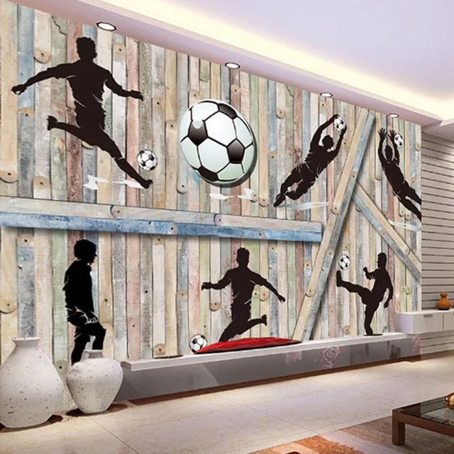 Sports Themed Wall Mural Playing Football Wood Background Custom Modern
