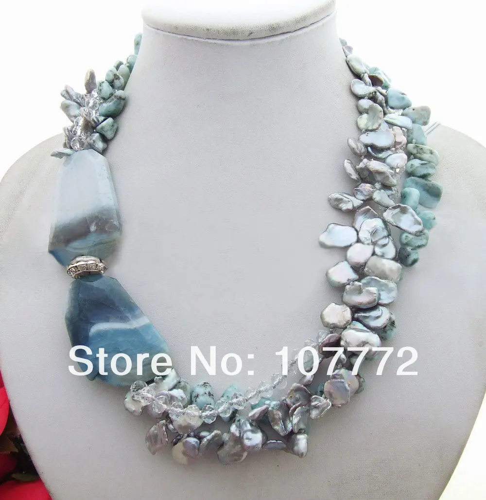 

Keshi Pearl&coating Onyx&Larimar&Crystal Necklace free shipment