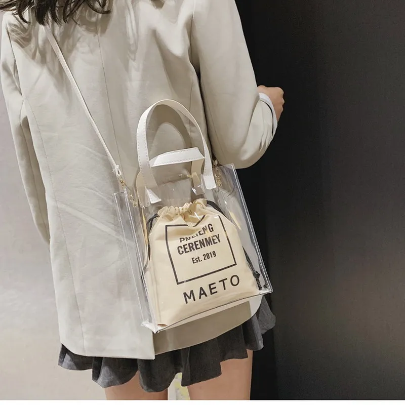

2PCs Composite Bags Clear Bag Letter PVC Women Drawstring Handbags Purse Ladies Casual Shoulder Crossbody Bags Jelly Beach Bags