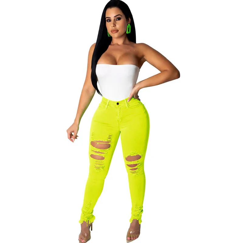 Women Neon Color High Waisted Ripped Jeans Sexy Skinny Pencil Pants Hole Streetwear Denim Jeans Stretch Jean Trousers Plus Size Women Neon Color High Waisted Ripped Jeans Sexy Skinny Pencil Pants Hole Streetwear Denim Jeans Stretch Jean Trousers Plus Size