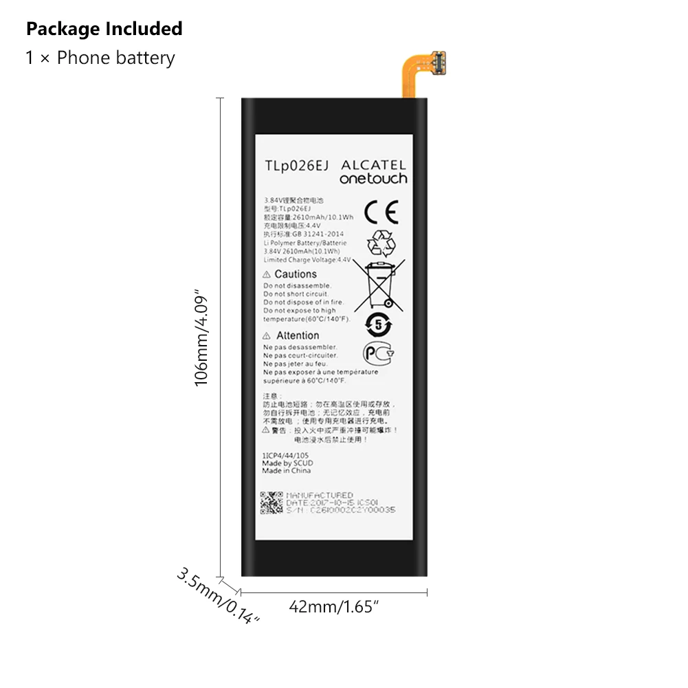 TLp026EJ Battery TLp026EJ сменная батарея для Alcatel idol 4 OT-6055H 6055Y 6055U 6055K 6055B 2610mAh литий-полимерные аккумуляторы для мобильных телефонов - Цвет: TLp026EJ Battery