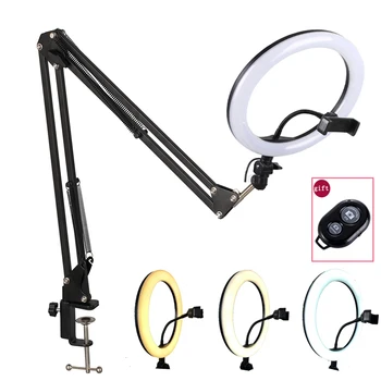 

Phone Photography 26cm/10" LED Ring Light+Suspension Arm Stand Clip Holder+Table Mounting for Live Show Video Fill Light Selfie