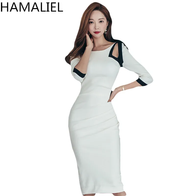 

HAMALIEL High Quality Summer Women Dress Office Lady Sexy Black White Patchwork Bow Bodycon Slim Hollow Out Pencil Sheath Dress