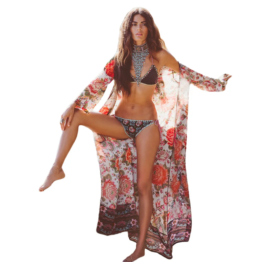 

2019 New Long Kimono Women Cardigan Floral Print Blouse Shirt Elegant Long Sleeve Summer Loose Beach Cover Up Outerwear Orange