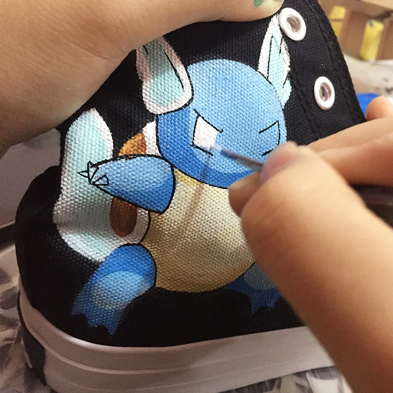 ون تصميم عالية أعلى اليد رسمت أحذية أنيمي البوكيمون Wartortle سلحفاة جيب الوحش قماش أحذية تزلج للجنسين الأسود رياضية