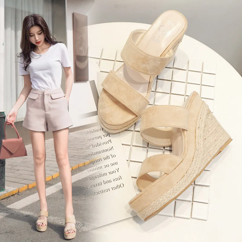 

Slippers Leather Rubber Summer Ladies Brief Clogs Platform Female Cotton Fabric Heels Wedge Shoes Woman Modis New 2019 Slides