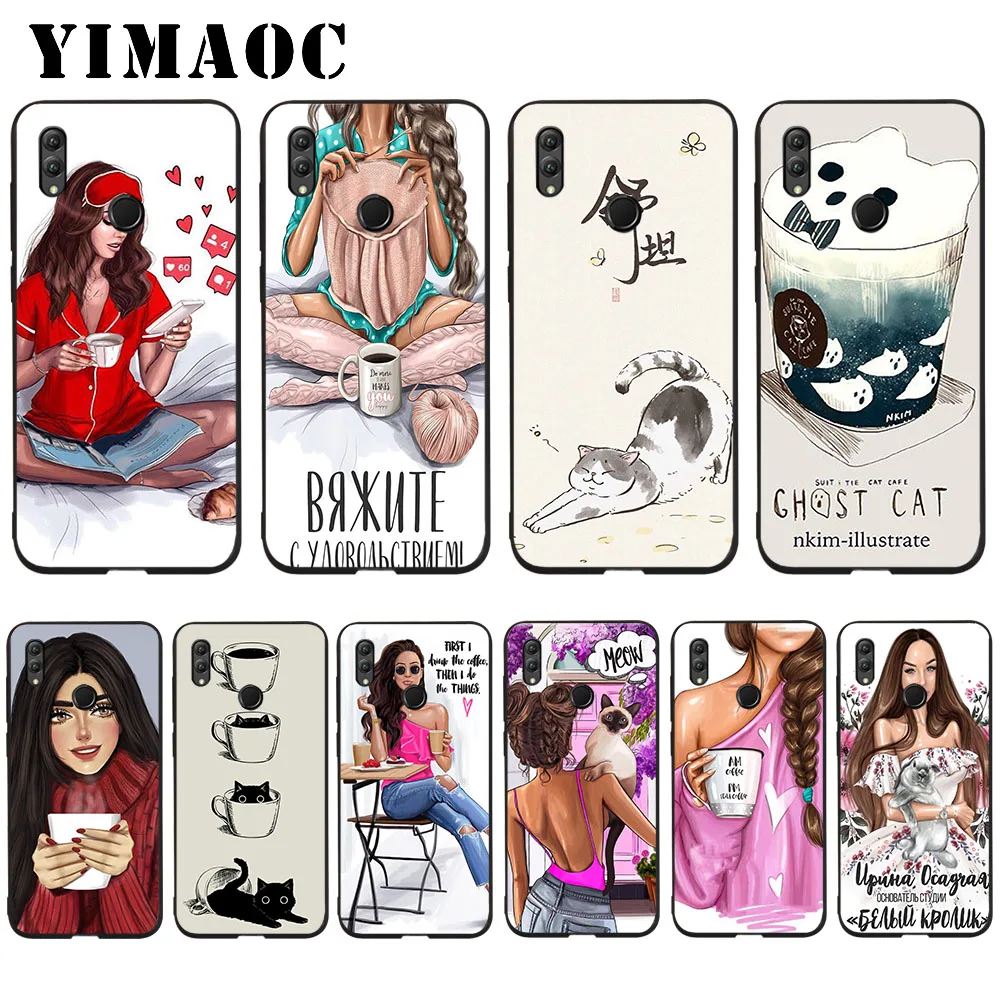 

YIMAOC Girls And Cat Coffee Soft Case for Huawei Honor Note 10 9 Lite 8C 8X 8 Lite 7X 7A 3GB Pro 7C 6A