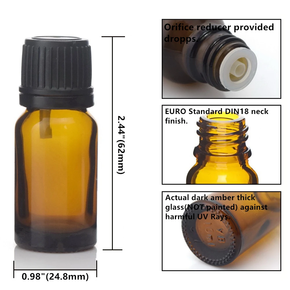 24 шт 1/3 унций 10 мл пустой Янтарный стеклянный бутылки Флаконы с евро капельным дозатором черный Темпер явный колпачок для эфирных масел ароматерапии