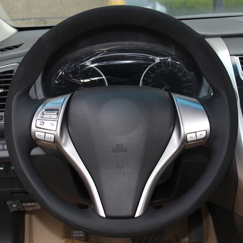 Black Natural Leather Black Suede Car Steering Wheel Cover for Nissan