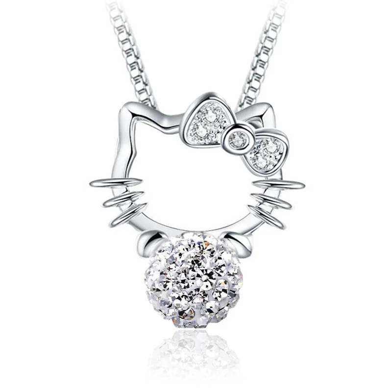 

Drop Shipping 2016 New Arrival 925 Silver Full Rhinestone Pearl Hello Kitty Cat Necklace Pendant for Women Girl