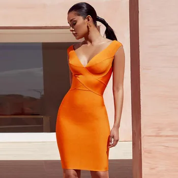 

Summer Women Bandage Dress 2019 Orange Red Tank Sexy Deep V-Neck Sleeveless Bodycon Celebrity Party Dress Vestidos Verano