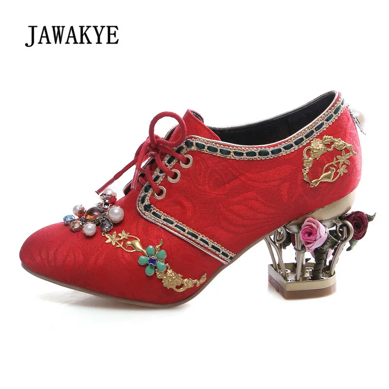 

Retro Bird Cage High Heel Shoes Women Pointed Toe Pearl Rhinestone Diamond Embroidery Wedding Shoes For Women Ankle Boots