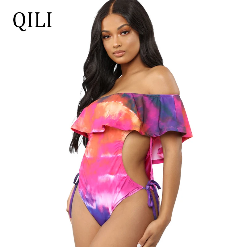 

QILI Beach Women Bodysuits Rompers Ruffles Off Shoulder Drawstring Hollow Out Print Bodysuit Vacation Beach Casual Wear